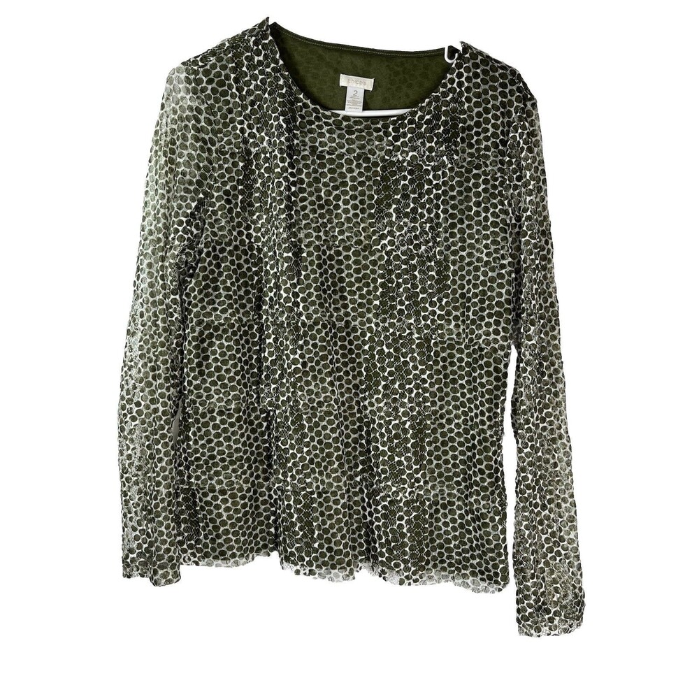 Chicos olive Sheer Mesh Layers Abstract Dot Long Sleeve Knit Top Blouse sz 2 / L